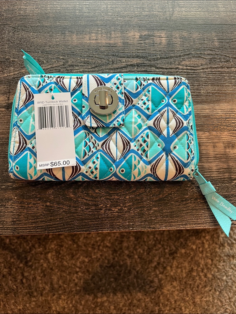 Vera Bradley Teal and Turquoise Geometric RFID Turnlock Wallet